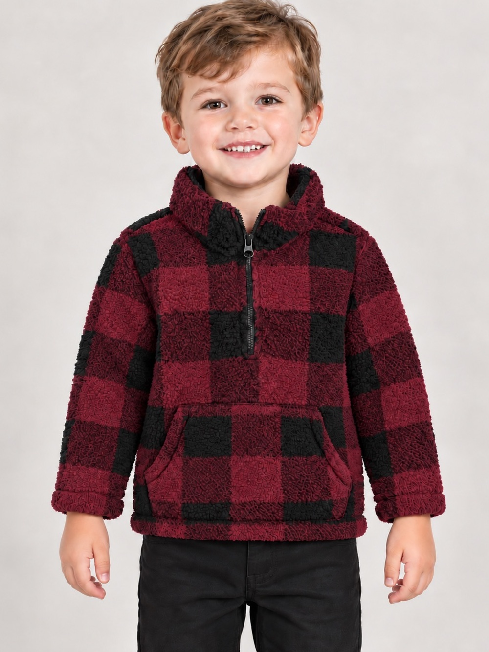 George Toddler Buffalo Plaid Sherpa Pullover – 3T | Burgundy Red & Black
